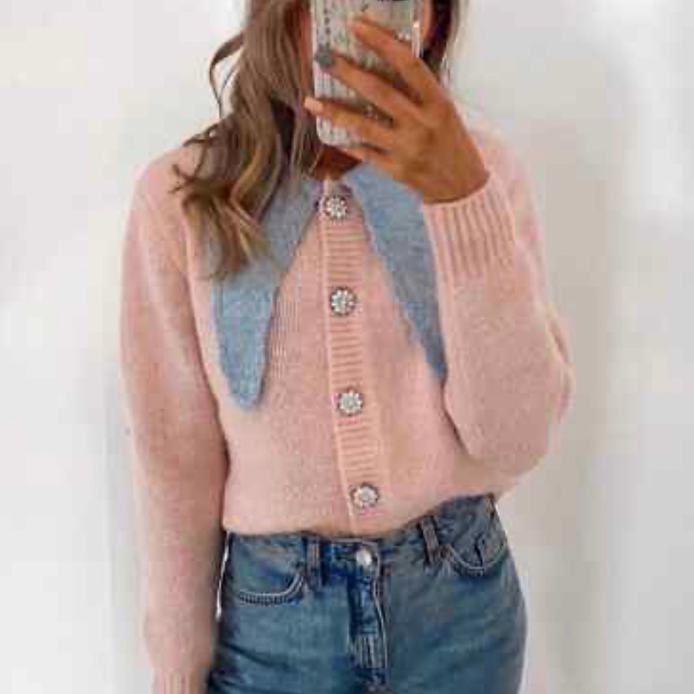 Zara Women's Pink Blue Knit Cardigan Wool Sweater Silver Gem Buttons Size Small